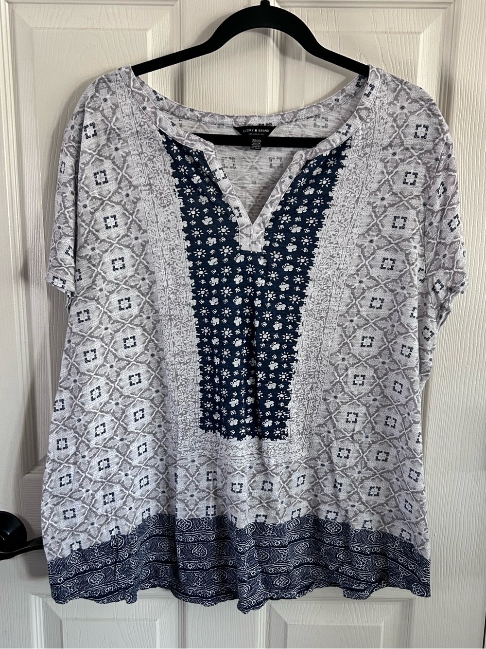 Lucky Brand Navy & White Printed Split-Neck Tunic T-Shirt Boho Plus Size 2X